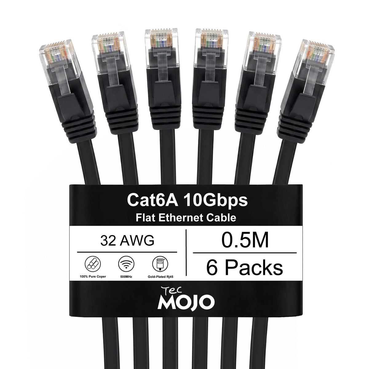 Tecmojo Flat Cat6A 0.25m Ethernet Cable 6 Pack 10Gbps High Speed Patch Cord 32AWG Pure Copper Core PVC RJ45 Network Cable for Laptop Router Modem Patch Panel Faster Than Cat6 Cat5e and Cat5, White