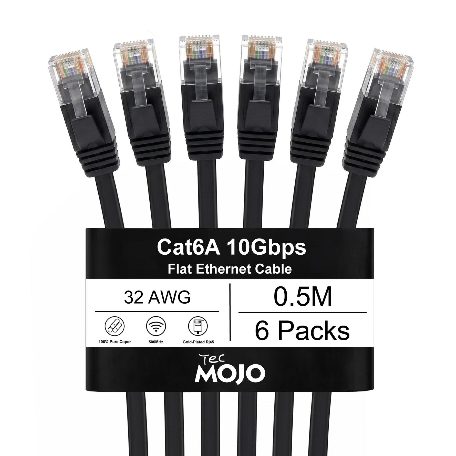 Tecmojo Flat Cat6A 0.25m Ethernet Cable 6 Pack 10Gbps High Speed Patch Cord 32AWG Pure Copper Core PVC RJ45 Network Cable for Laptop Router Modem Patch Panel Faster Than Cat6 Cat5e and Cat5, White