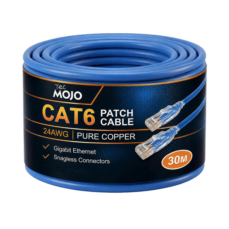Tecmojo Ethernet Cable 30M, CAT 6 Ethernet Cable 1 Pack LAN Gigabit, RJ45 Pure Copper Core 1000Mbps for 250Mhz/s Cord, Network Patch Cord for Router Modem Patch Panel Faster Than Cat 5e/Cat 5, Blue