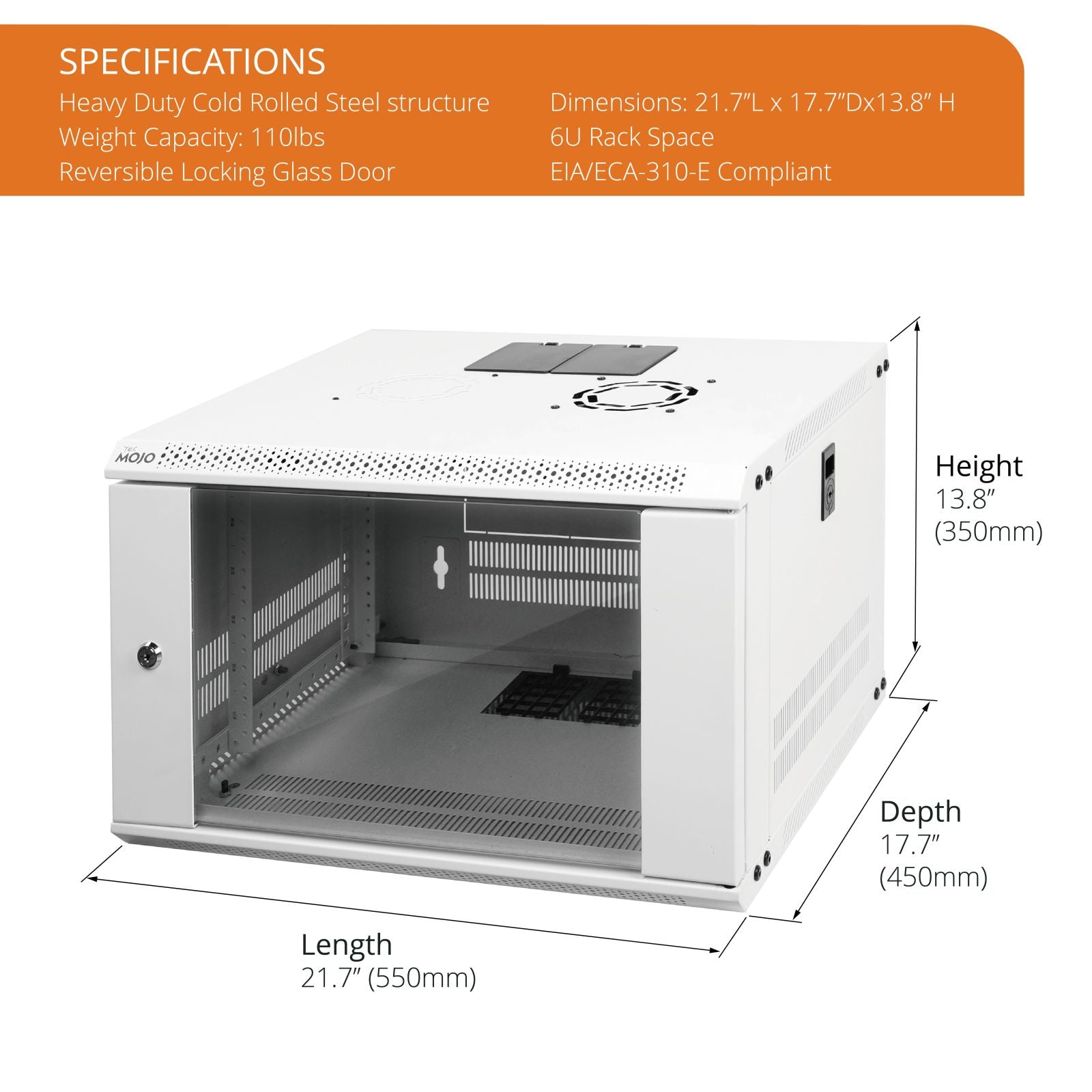 Tecmojo 6U 450mm Depth White Glass Door Standard Wall Mount Cabinet(Flat Pack)Specifications