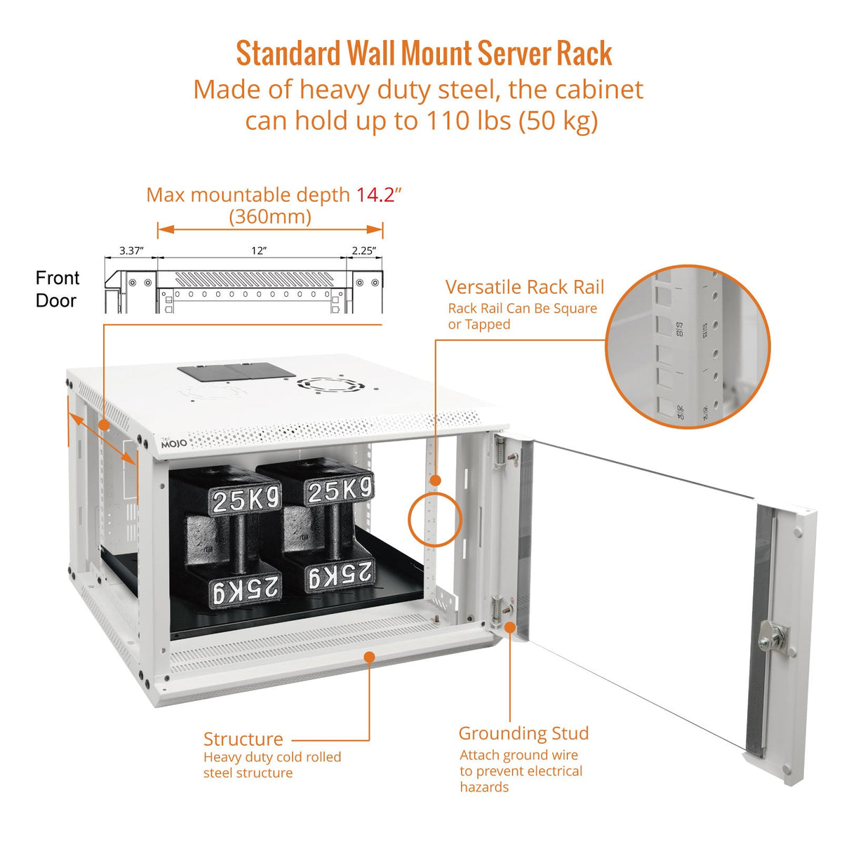 Tecmojo 6U 450mm Depth White Glass Door Standard Wall Mount Cabinet(Flat Pack)can hold up to 110 lbs (50 kg)