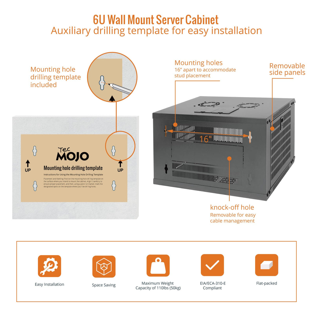 Auxiliary drilling template for easy installation:Tecmojo 6U 450mm Depth Black Mesh Door Standard Wall Mount Cabinet(Flat Pack)