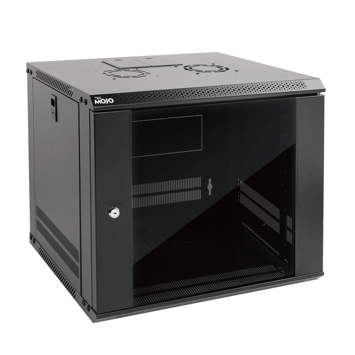 White background picture：Tecmojo 9U 450mm Depth Black Glass Door Standard Wall Mount Cabinet(Flat Pack)