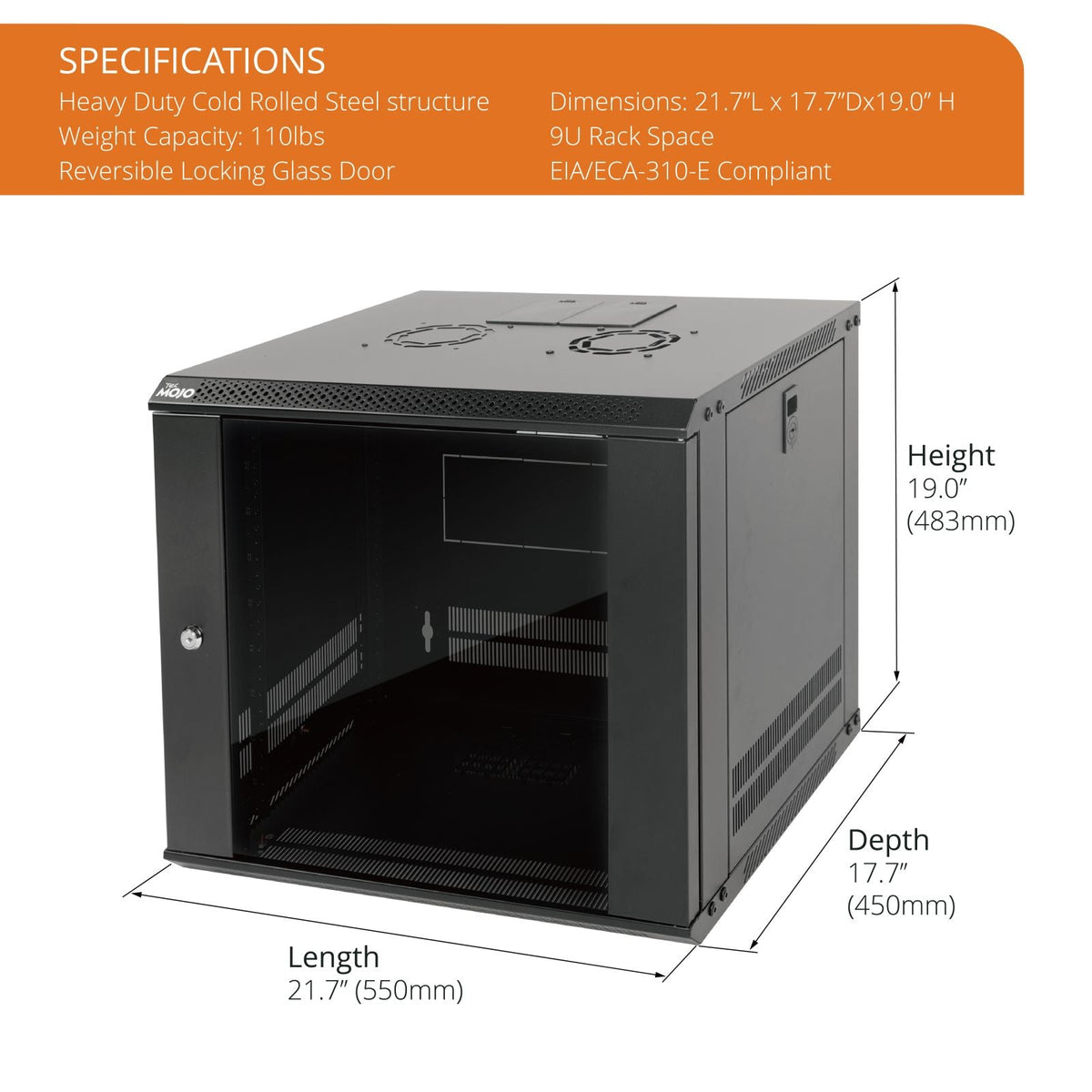 Specifications：Tecmojo 9U 450mm Depth Black Glass Door Standard Wall Mount Cabinet(Flat Pack)