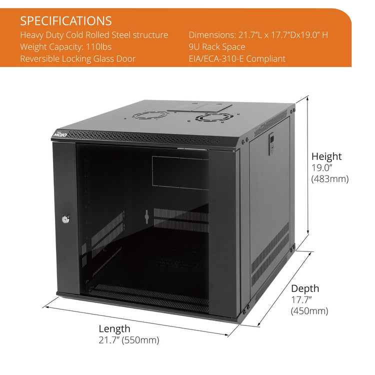 Specifications：Tecmojo 9U 450mm Depth Black Glass Door Standard Wall Mount Cabinet(Flat Pack)