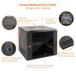 Designed for Cooling：Tecmojo 9U 450mm Depth Black Glass Door Standard Wall Mount Cabinet(Flat Pack)