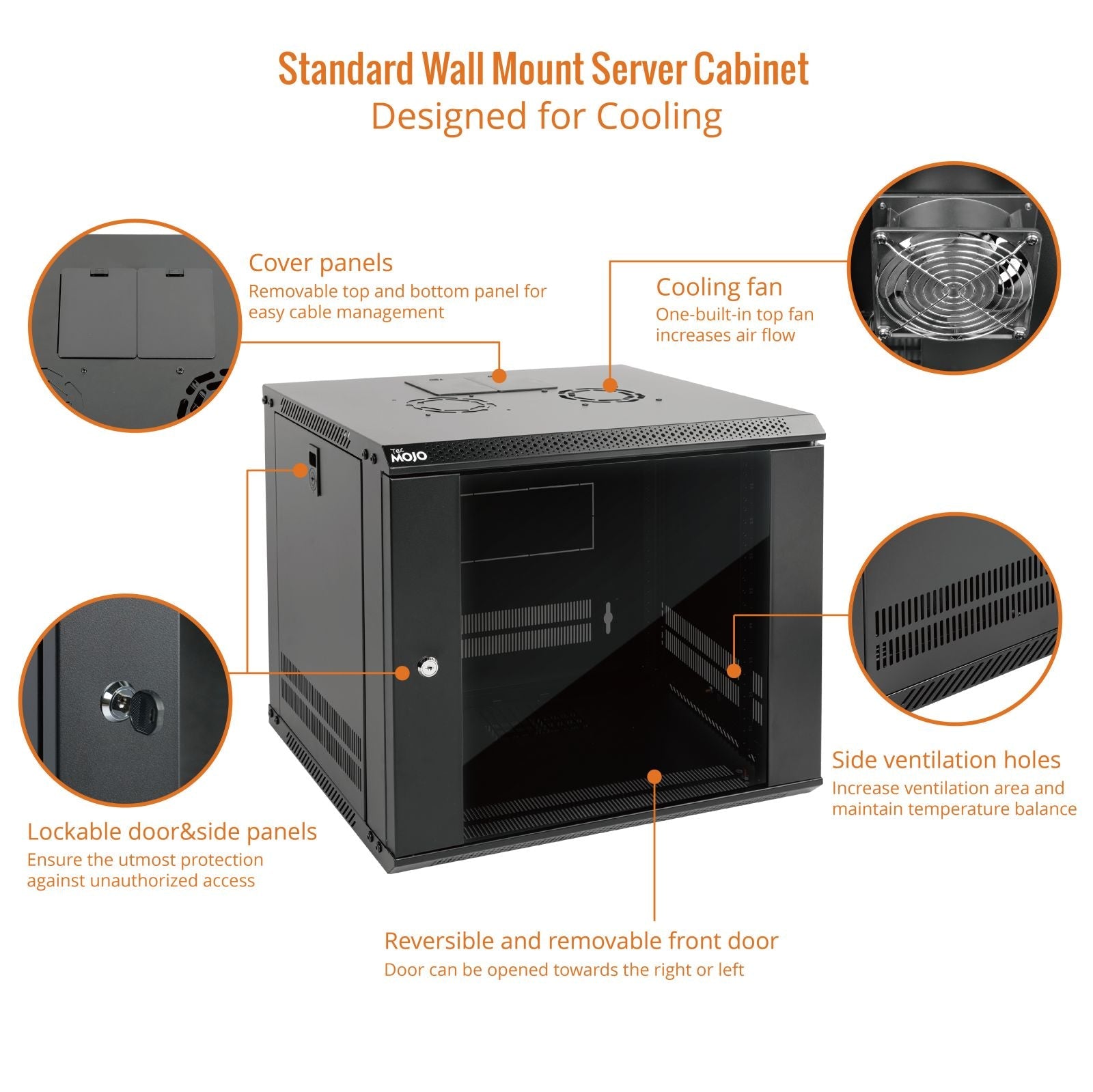 Designed for Cooling：Tecmojo 9U 450mm Depth Black Glass Door Standard Wall Mount Cabinet(Flat Pack)