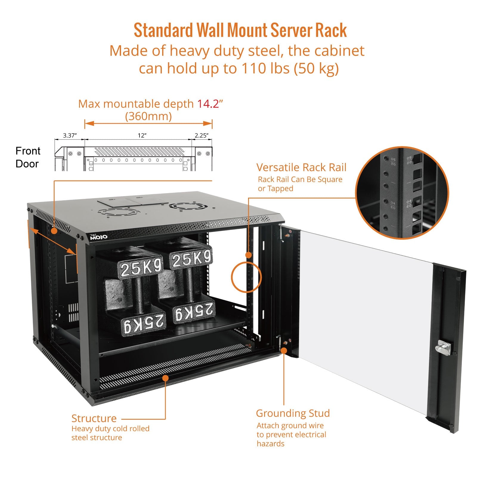 Can hold up to 110 lbs (50 kg)：Tecmojo 9U 450mm Depth Black Glass Door Standard Wall Mount Cabinet(Flat Pack)
