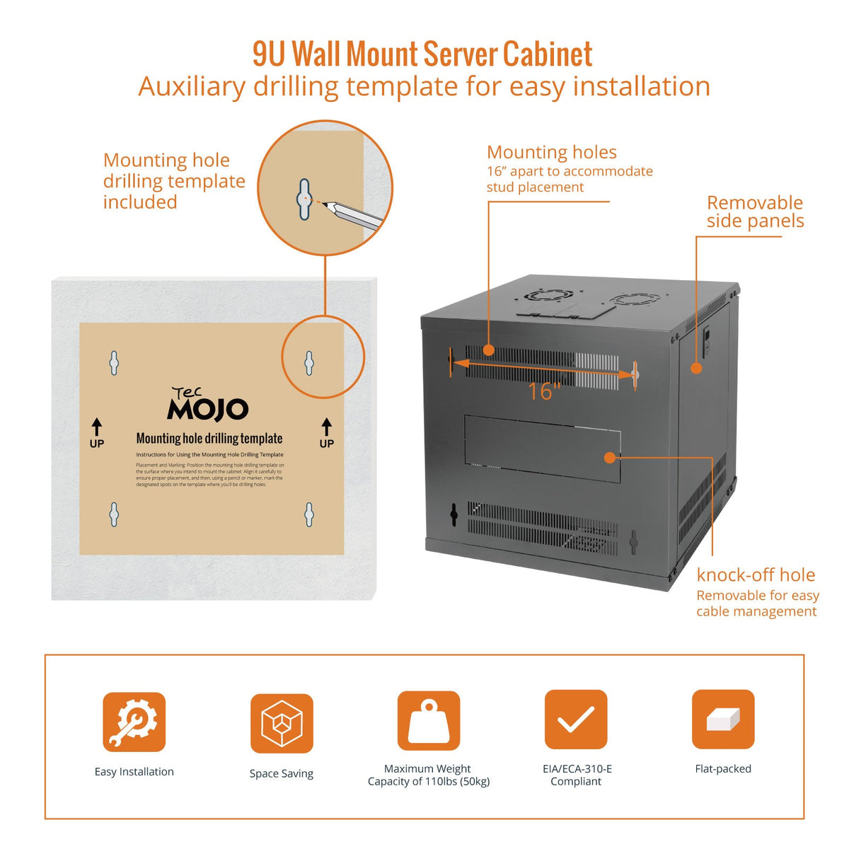 Auxiliary drilling template for easy installation:Tecmojo 9U 450mm Depth Black Glass Door Standard Wall Mount Cabinet(Flat Pack)