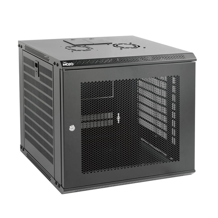 White background picture:Tecmojo 9U 450mm Depth Black Mesh Door Standard Wall Mount Cabinet(Flat Pack)