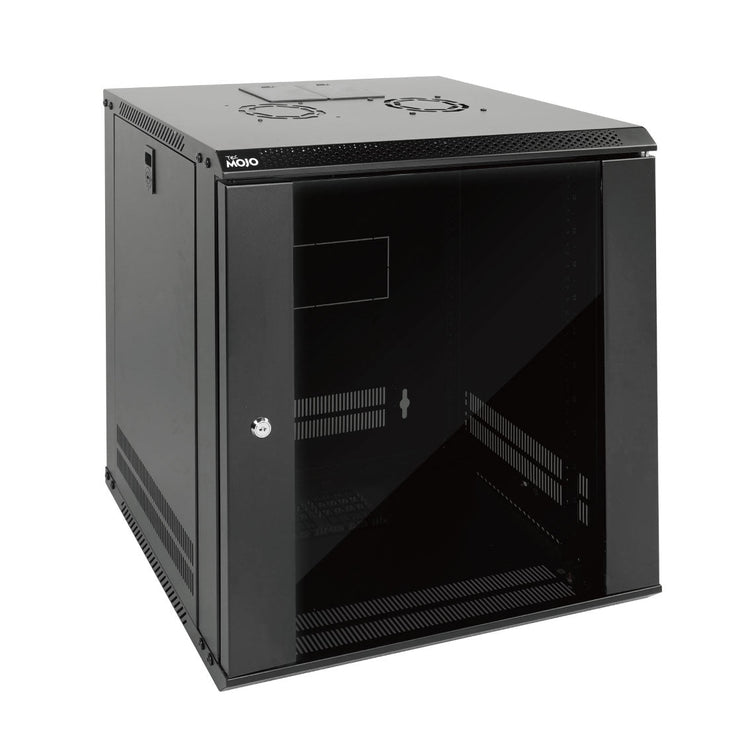 White background picture:Tecmojo 12U 450mm Depth Black Glass Door Standard Wall Mount Cabinet(Flat Pack)