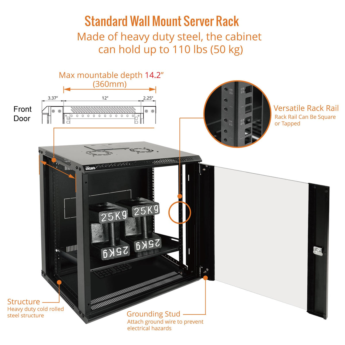 Made of heavy duty steel:Tecmojo 12U 450mm Depth Black Glass Door Standard Wall Mount Cabinet(Flat Pack)