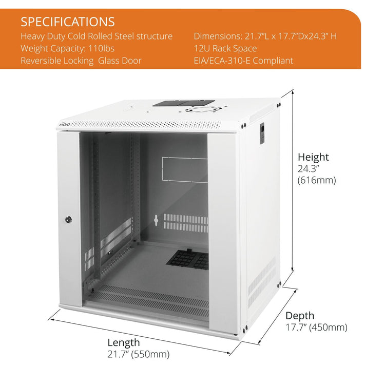 Specifications:Tecmojo 12U 450mm Depth White Glass Door Standard Wall Mount Cabinet(Flat Pack)