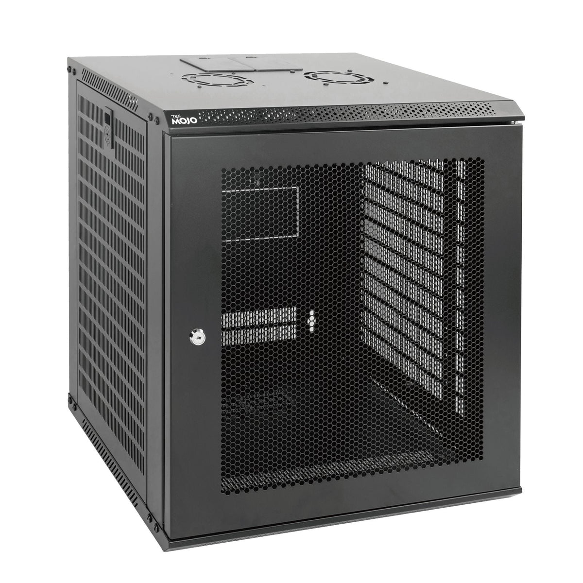 White background picture:Tecmojo 12U 450mm Depth Black Mesh Door Standard Wall Mount Cabinet(Flat Pack)