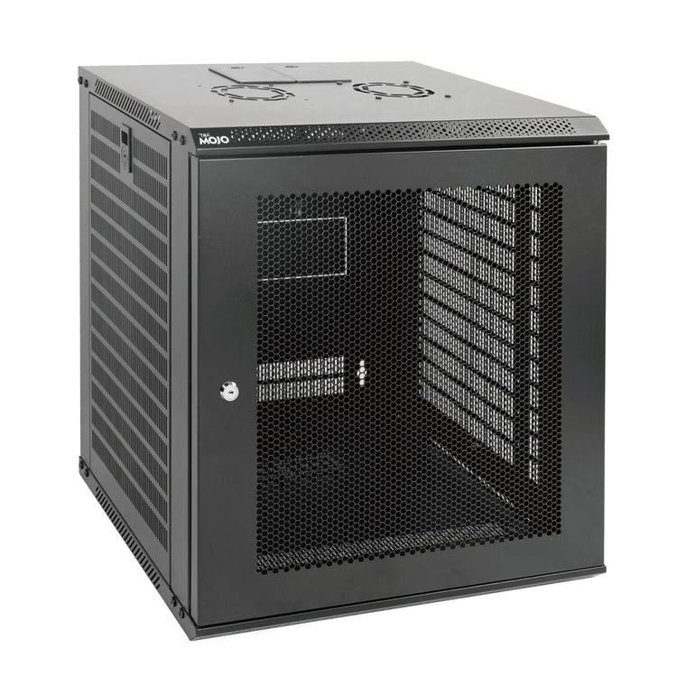 White background picture:Tecmojo 12U 450mm Depth Black Mesh Door Standard Wall Mount Cabinet(Flat Pack)
