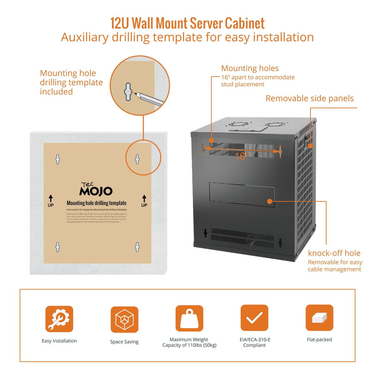 Auxiliary drilling template for easy installation:Tecmojo 12U 450mm Depth Black Mesh Door Standard Wall Mount Cabinet(Flat Pack)