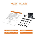 11110203C-AU SKU+Product Includes：10-32 Screws x10、10-32 Cage nuts x 10、Keys x 2、Fan x 1