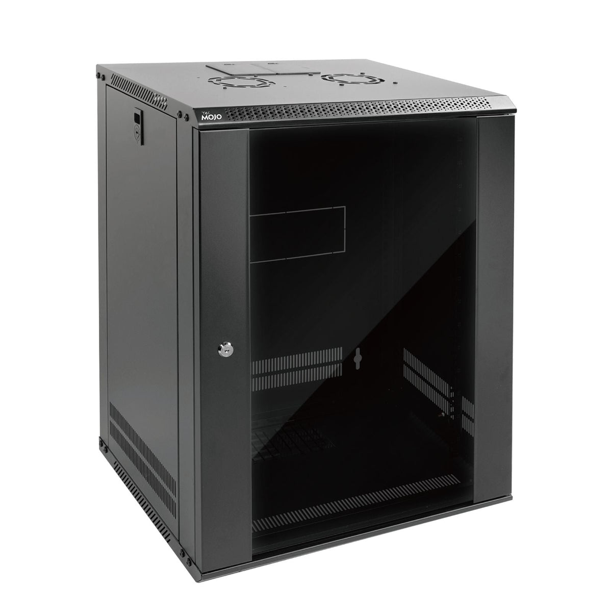 White background picture:Tecmojo 15U 450mm Depth Black Glass Door Standard Wall Mount Cabinet(Flat Pack)