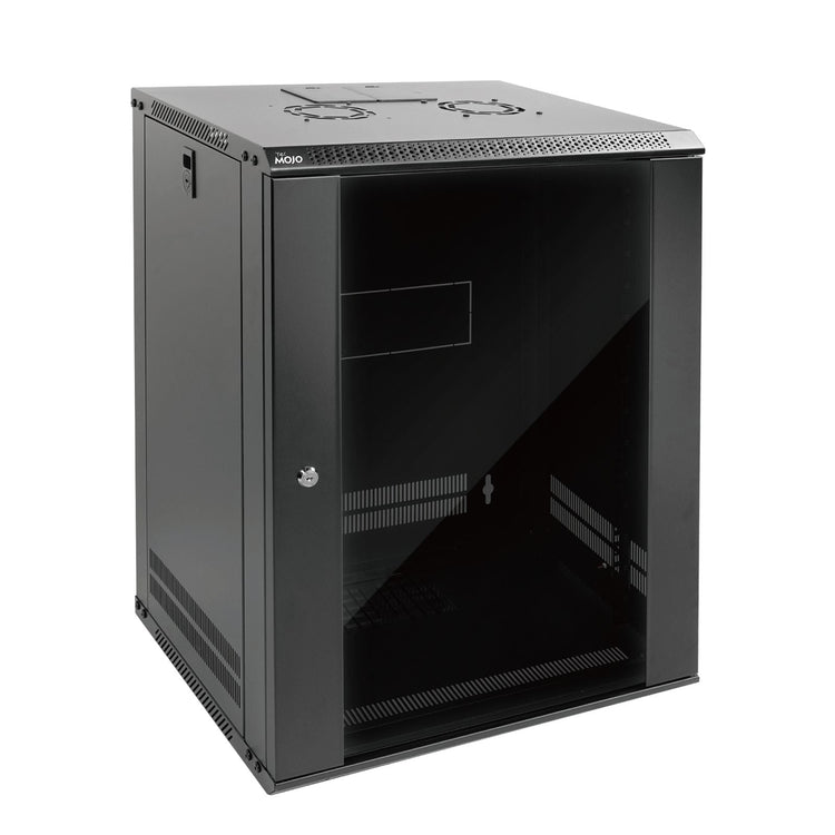 White background picture:Tecmojo 15U 450mm Depth Black Glass Door Standard Wall Mount Cabinet(Flat Pack)