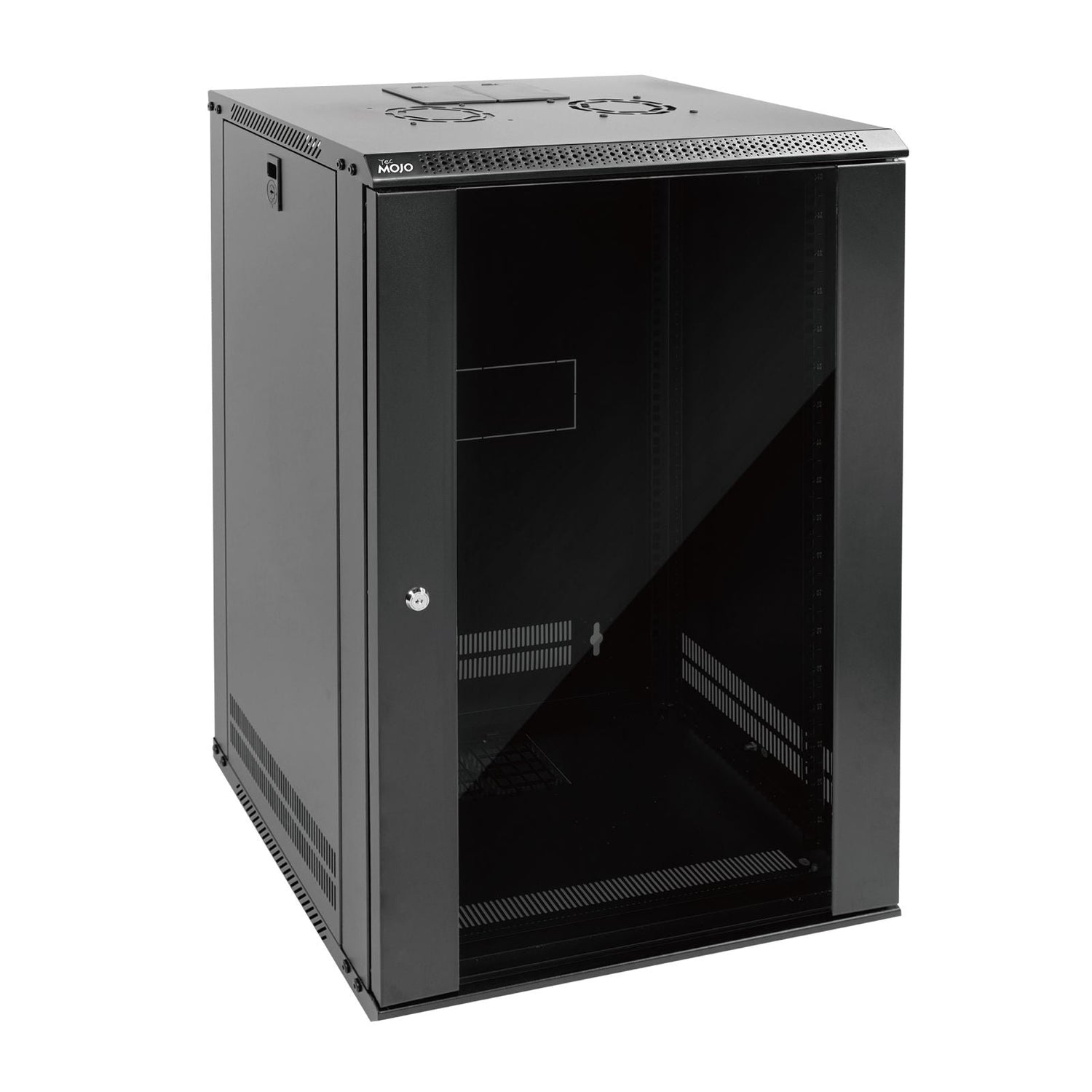 White background picture:Tecmojo 18U 450mm Depth Black Glass Door Standard Wall Mount Cabinet(Flat Pack)