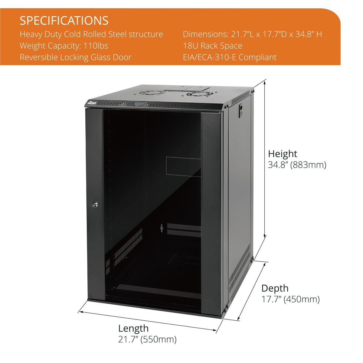 Specifications:Tecmojo 18U 450mm Depth Black Glass Door Standard Wall Mount Cabinet(Flat Pack)