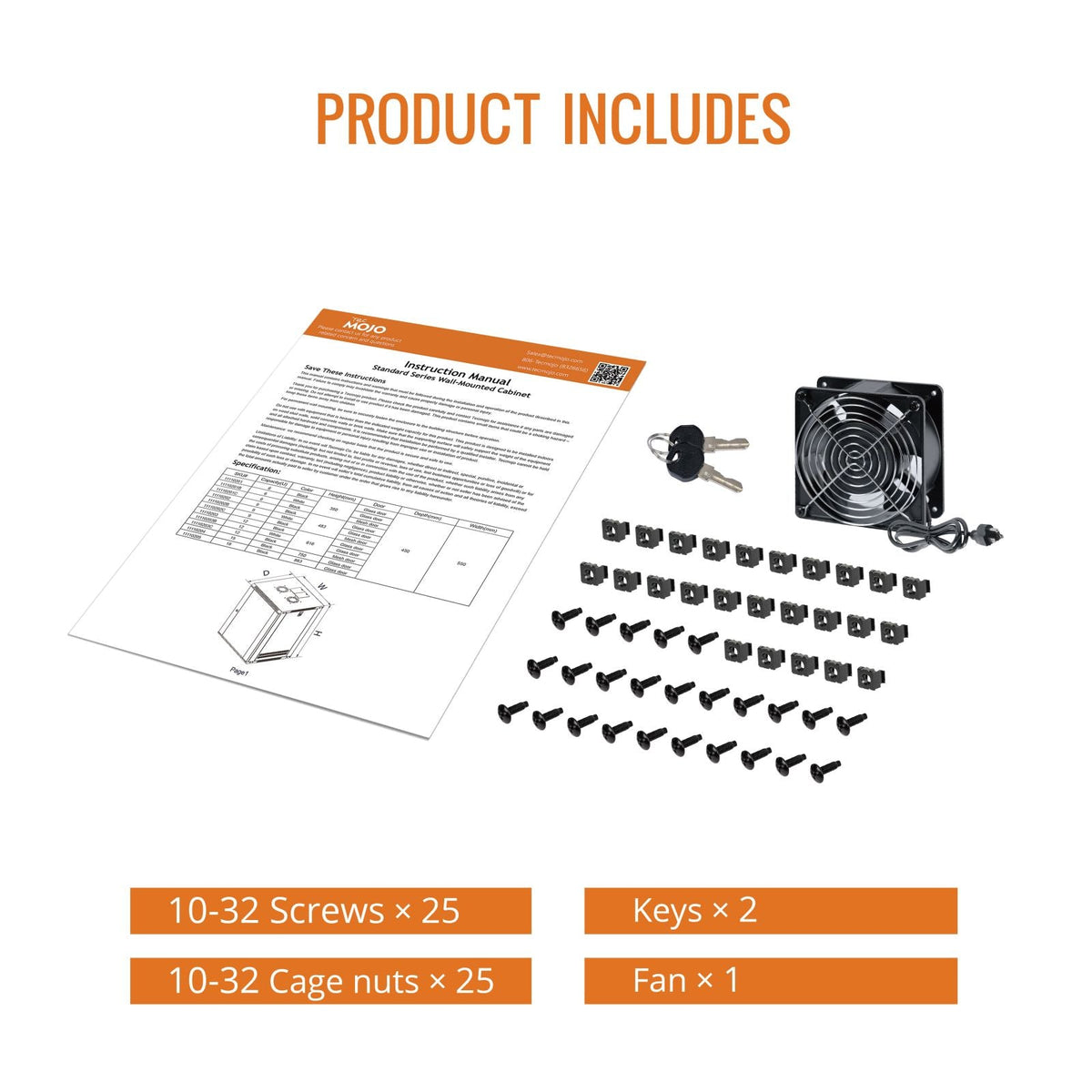 11110205-AU Product Includes：10-32 Screws x10、10-32 Cage nuts x 10、Keys x 2、Fan x 1