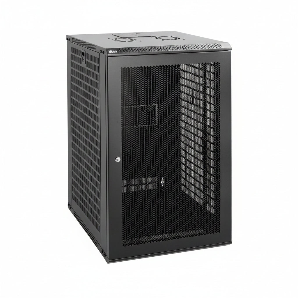 White background picture:Tecmojo 18U 450mm Depth Black Mesh Door Standard Wall Mount Cabinet(Flat Pack)
