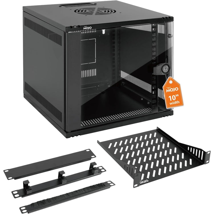 White background picture:Tecmojo 6U 330mm Depth Black Glass Door Standard Wall Mount Cabinet(with Rack Shelf)