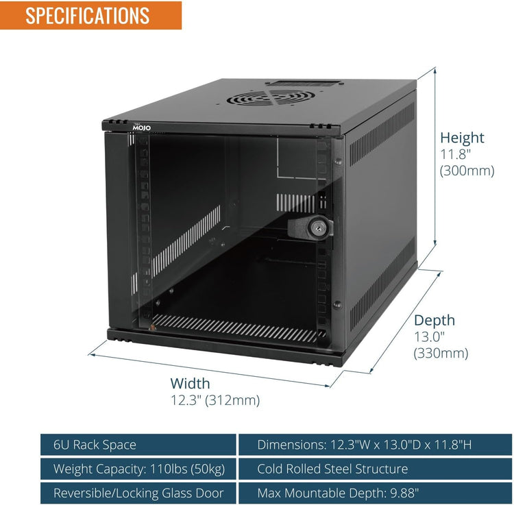Specifications:Tecmojo 6U 330mm Depth Black Glass Door Standard Wall Mount Cabinet(with Rack Shelf)