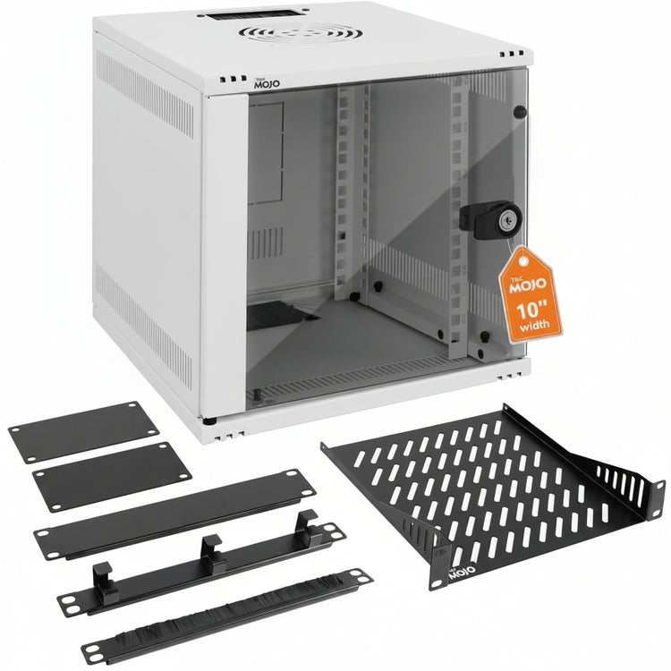 White background picture:Tecmojo 6U 300mm Depth White Glass Door Standard Wall Mount Cabinet(with Rack Shelf)