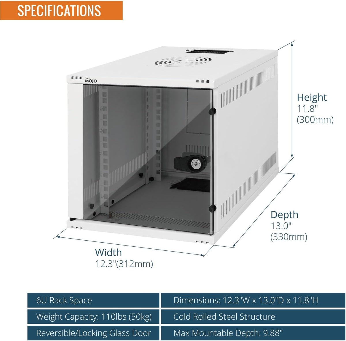 Specifications:Tecmojo 6U 300mm Depth White Glass Door Standard Wall Mount Cabinet(with Rack Shelf)