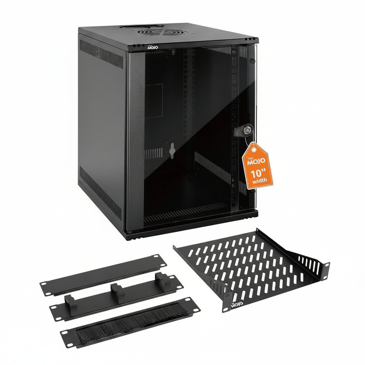 White background picture:Tecmojo 9U 330mm Depth Black Glass Door Standard Wall Mount Cabinet(with Rack Shelf)