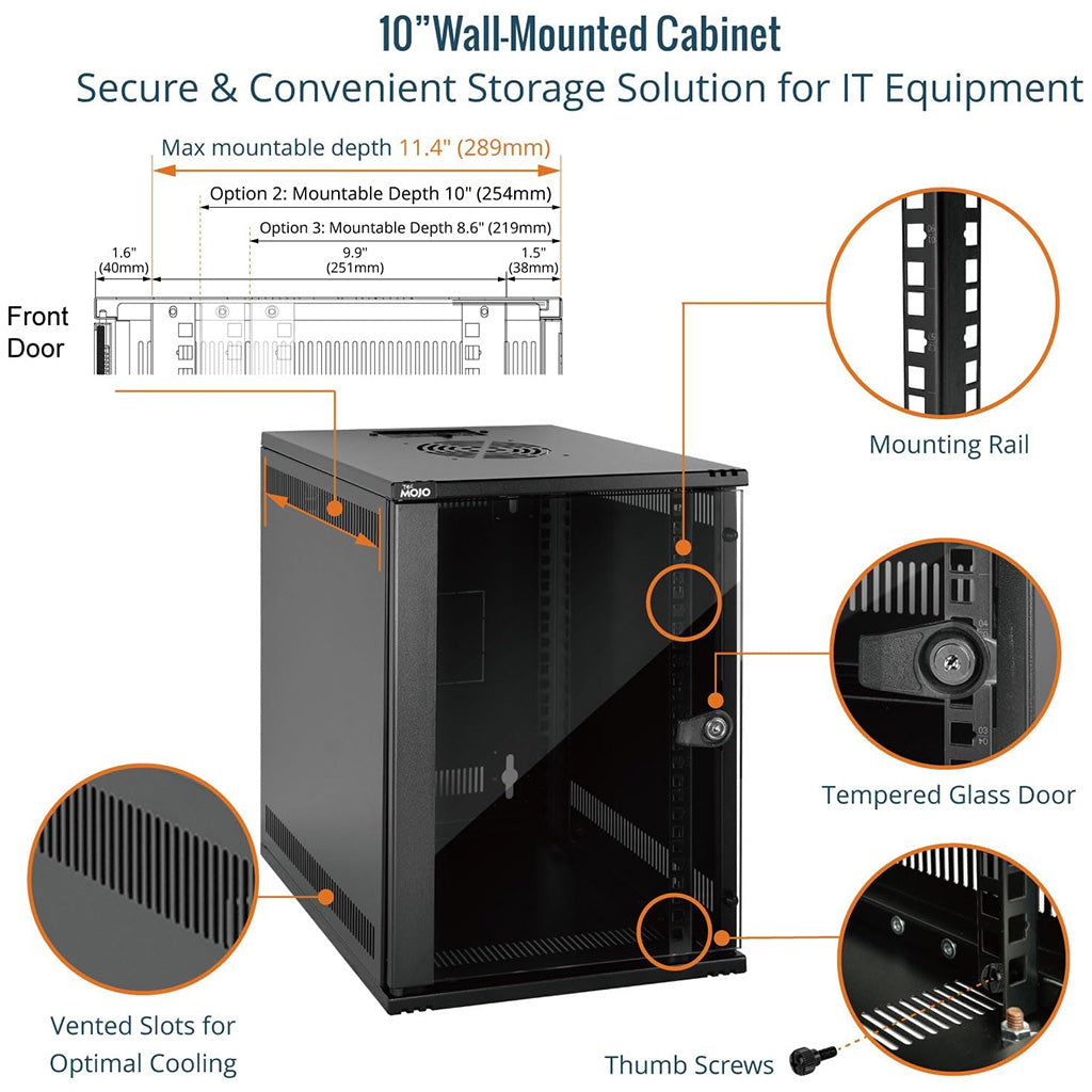 Secure & Convenient Storage Solution for IT Equipment:Tecmojo 9U 330mm Depth Black Glass Door Standard Wall Mount Cabinet(with Rack Shelf)