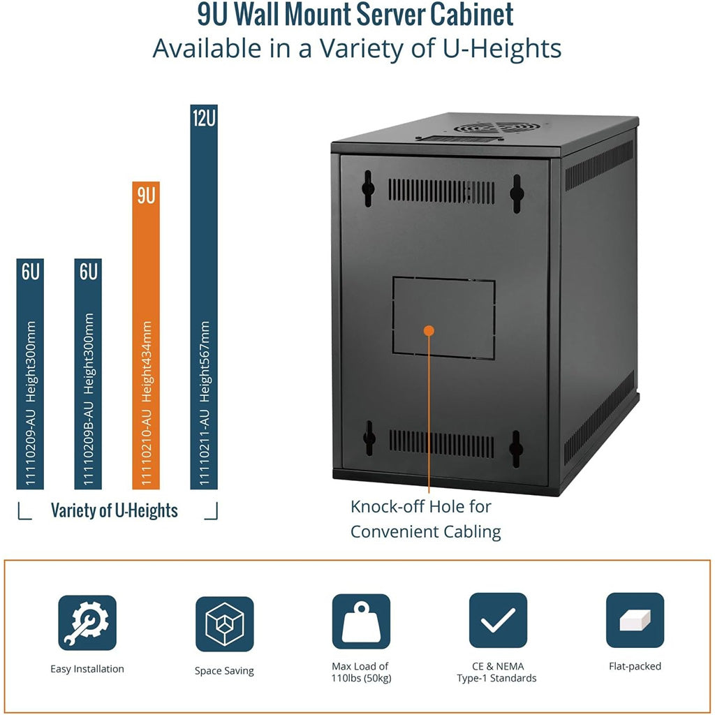 Available in a Varietv of U-Heights:Tecmojo 9U 330mm Depth Black Glass Door Standard Wall Mount Cabinet(with Rack Shelf)