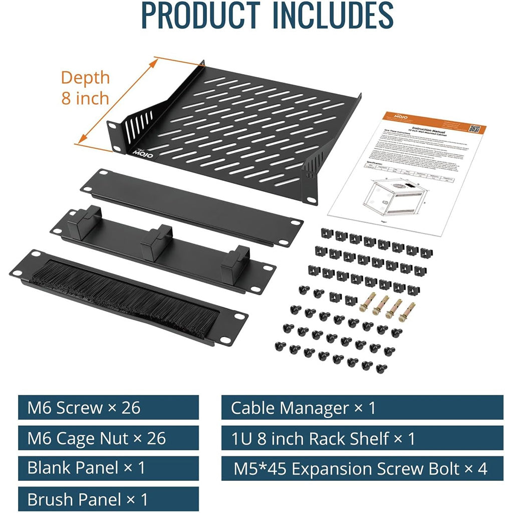 11110210-AU Product Includes:
M6 Screwx26
M6 Cage Nut x 26
Blank Panel x1
Cable Manager x1
1U8 inch Rack Shelf x1
M5*45 Expansion Screw Bolt x 4
Brush Panel x1
