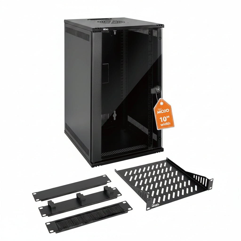 White background picture:Tecmojo 12U 330mm Depth Black Glass Door Standard Wall Mount Cabinet(with Rack Shelf)
