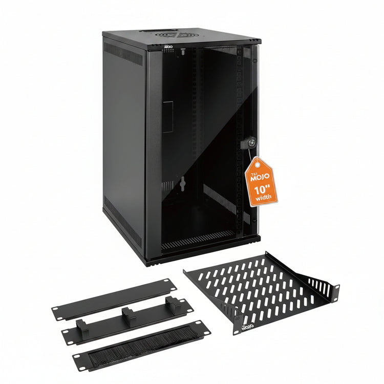 White background picture:Tecmojo 12U 330mm Depth Black Glass Door Standard Wall Mount Cabinet(with Rack Shelf)