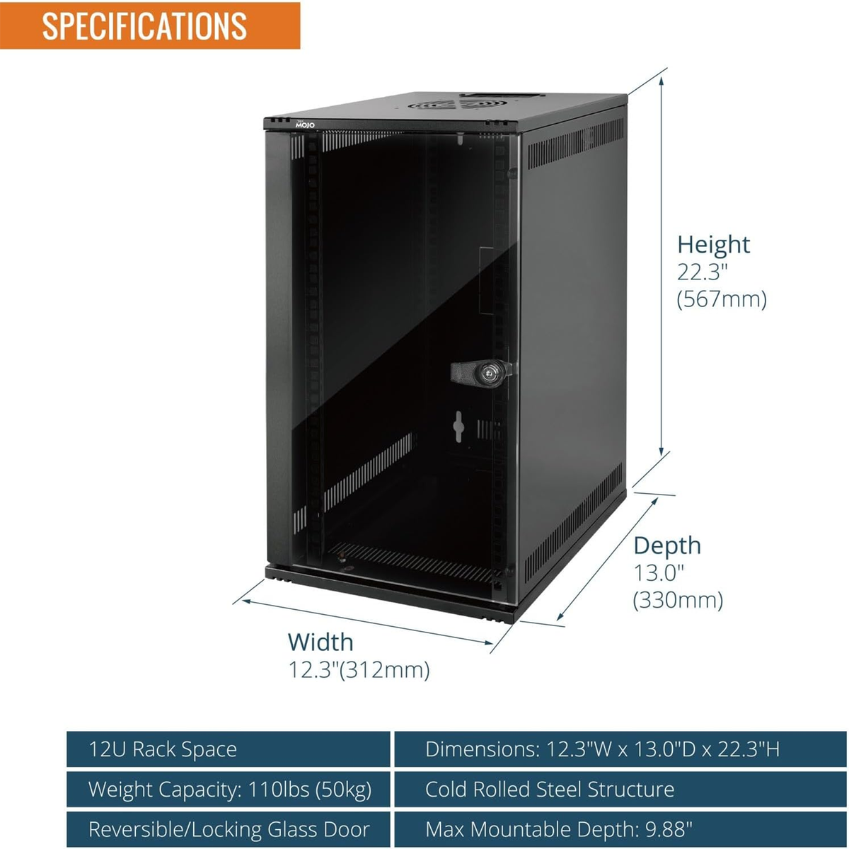 Specifications:Tecmojo 12U 330mm Depth Black Glass Door Standard Wall Mount Cabinet(with Rack Shelf)