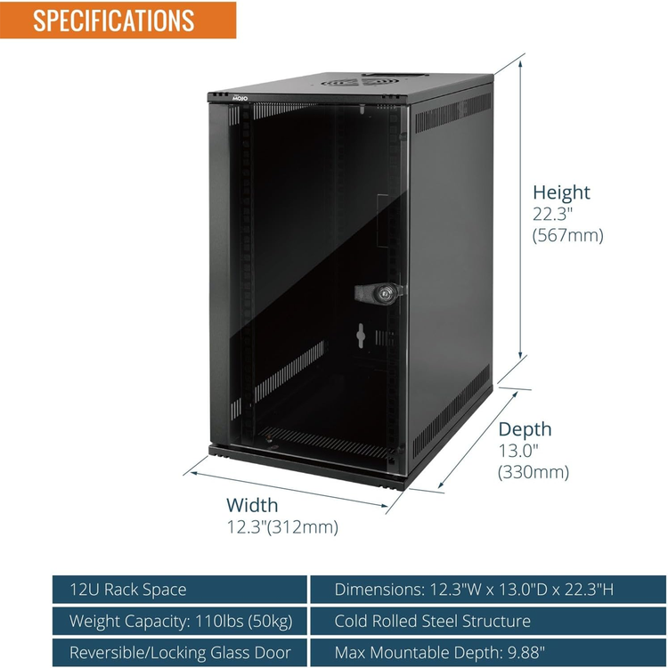 Specifications:Tecmojo 12U 330mm Depth Black Glass Door Standard Wall Mount Cabinet(with Rack Shelf)