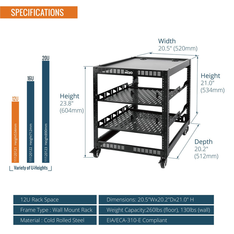 Specifications:Tecmojo 12U Open Frame Network Rack with Casters for 19" Networking Device