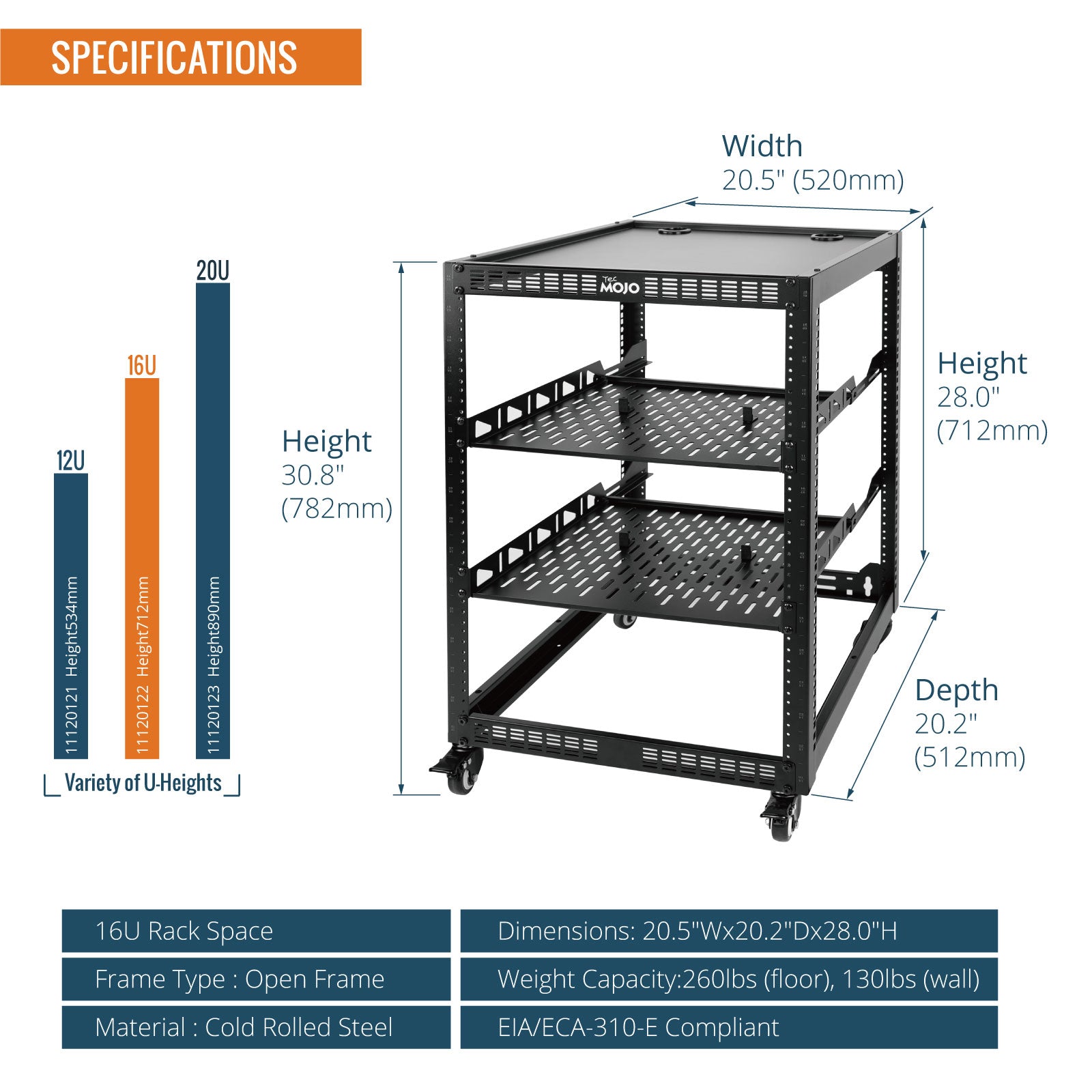 Specifications:Tecmojo 16U Open Frame Network Rack with Casters for 19" Networking Device