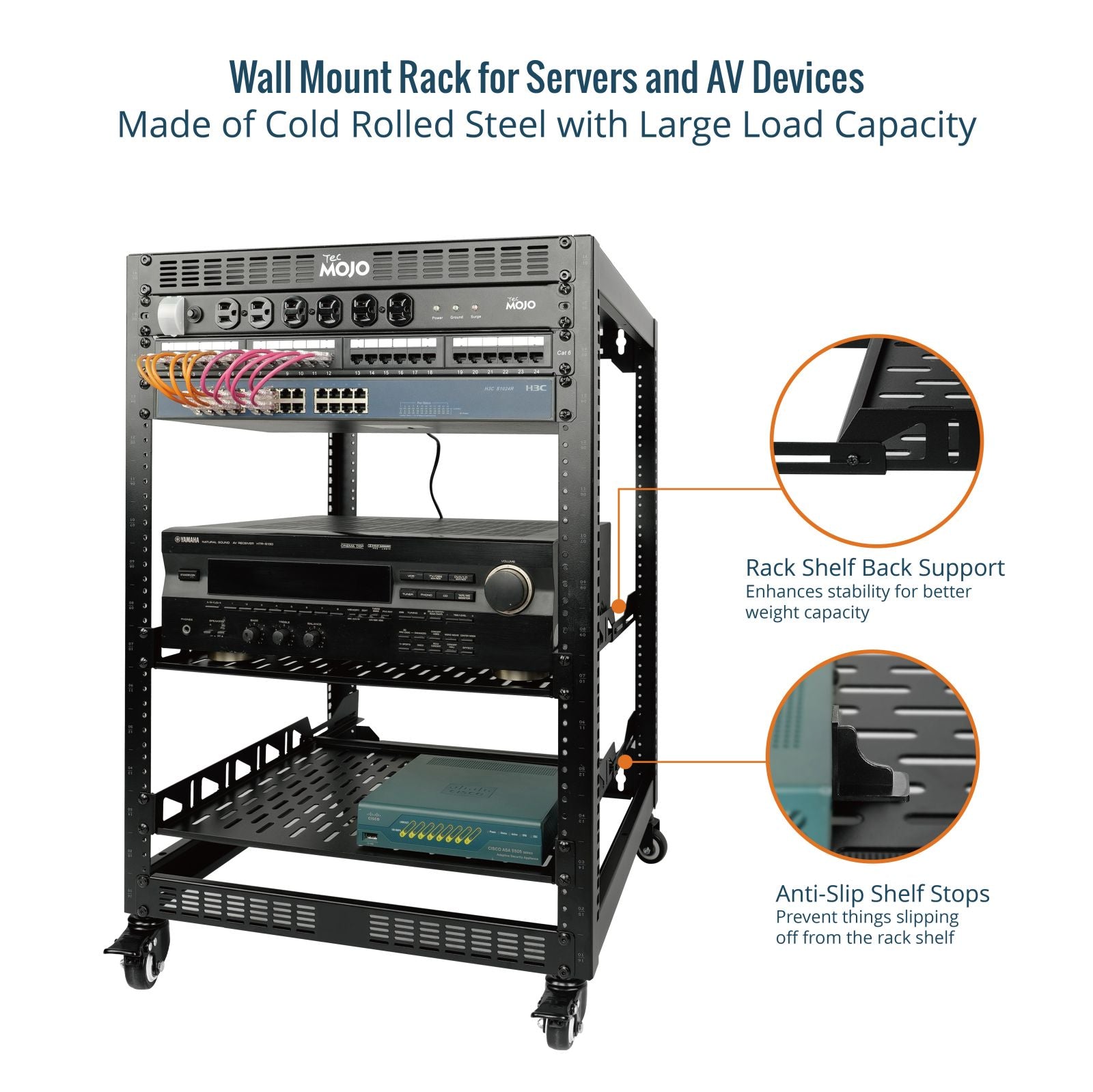 Made of Cold Rolled Steel:Tecmojo 16U Open Frame Network Rack with Casters for 19" Networking Device