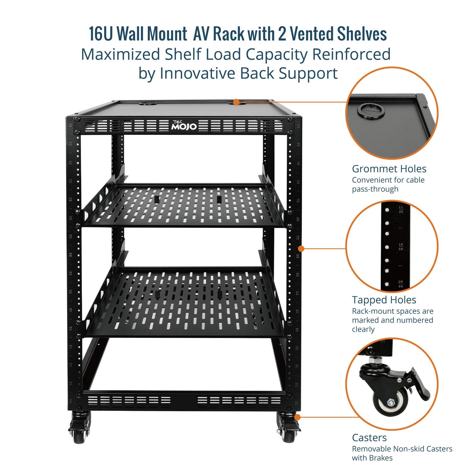 Maximized Shelf Load Capacity Reinforced:Tecmojo 16U Open Frame Network Rack with Casters for 19" Networking Device