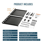 SKU Product Includes:
LWrench x1
Shelf stop x4
Velcro strap x 4
Cable tie x4
Caster x4
1U 14 inch Rack shelf x 2
10-32 Screw x25
Rack shelf back support x 4
M5*30 Wall mounting screw x 4