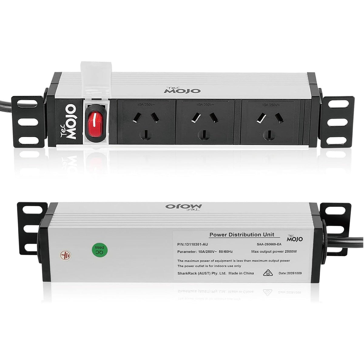 Tecmojo 10 Inch Rack Mount PDU 1U 3 Outlets Power Strip with Reversible Mounting Plate, Power Distribution Unit for 10 Inch Server Cabinet Rack, 2m Power Cord, Double-Break Switch, 10A 250V 50/60HZ