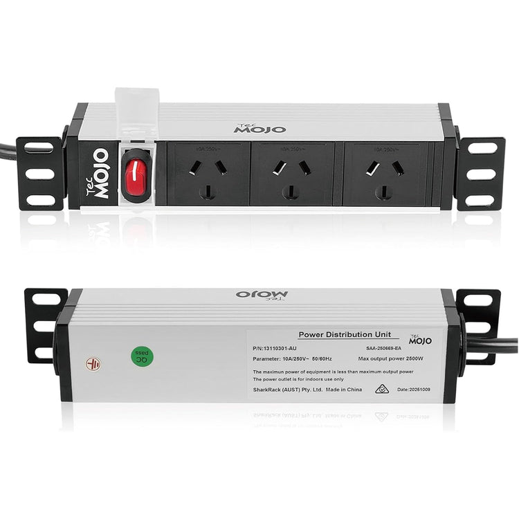 Tecmojo 10 Inch Rack Mount PDU 1U 3 Outlets Power Strip with Reversible Mounting Plate, Power Distribution Unit for 10 Inch Server Cabinet Rack, 2m Power Cord, Double-Break Switch, 10A 250V 50/60HZ