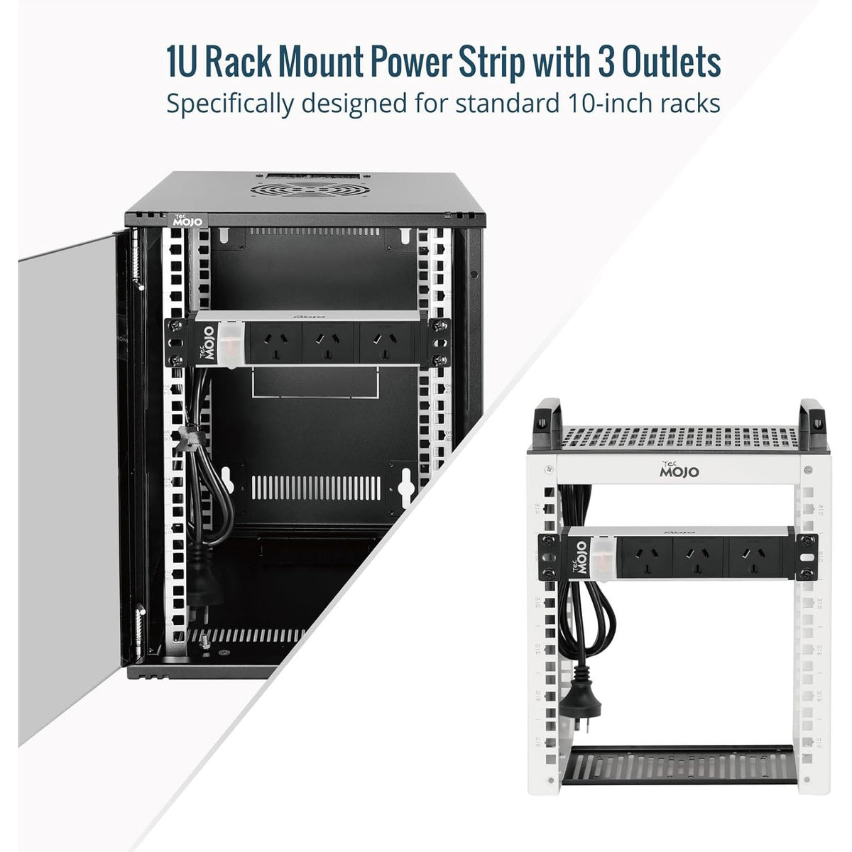 Tecmojo 10 Inch Rack Mount PDU 1U 3 Outlets Power Strip with Reversible Mounting Plate, Power Distribution Unit for 10 Inch Server Cabinet Rack, 2m Power Cord, Double-Break Switch, 10A 250V 50/60HZ