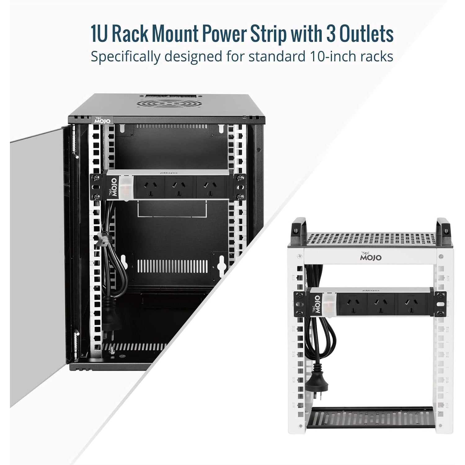 Tecmojo 10 Inch Rack Mount PDU 1U 3 Outlets Power Strip with Reversible Mounting Plate, Power Distribution Unit for 10 Inch Server Cabinet Rack, 2m Power Cord, Double-Break Switch, 10A 250V 50/60HZ