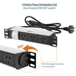 Tecmojo 10 Inch Rack Mount PDU 1U 3 Outlets Power Strip with Reversible Mounting Plate, Power Distribution Unit for 10 Inch Server Cabinet Rack, 2m Power Cord, Double-Break Switch, 10A 250V 50/60HZ