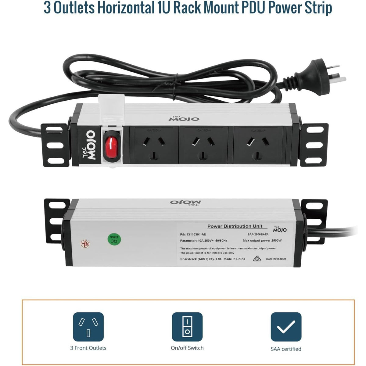 Tecmojo 10 Inch Rack Mount PDU 1U 3 Outlets Power Strip with Reversible Mounting Plate, Power Distribution Unit for 10 Inch Server Cabinet Rack, 2m Power Cord, Double-Break Switch, 10A 250V 50/60HZ